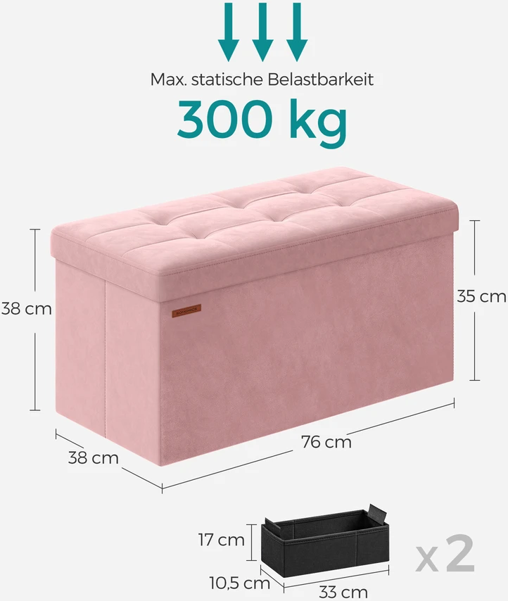 Songmics Suoliukas su daiktadėže, pakraunamas iki 300 kg, pastelinės rožinės spalvos
