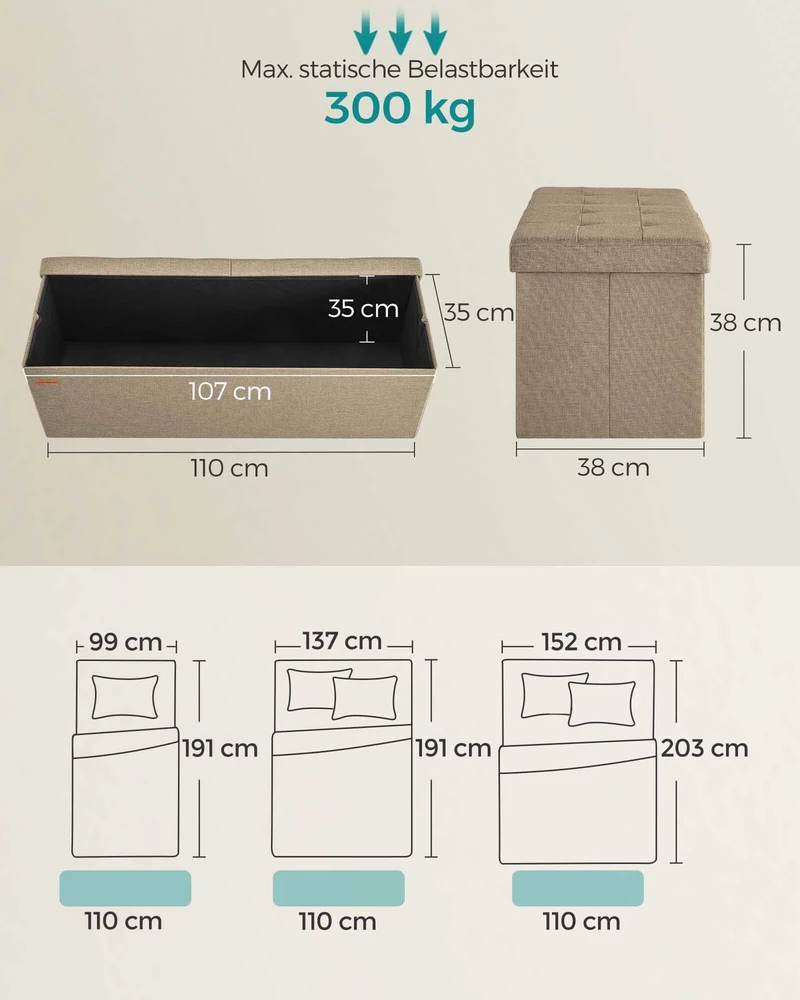 Songmics Suoliukas su daiktadėže 38 x 110 x 38 cm kupranugario rudos spalvos