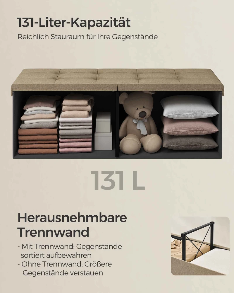 Songmics Suoliukas su daiktadėže 38 x 110 x 38 cm kupranugario rudos spalvos