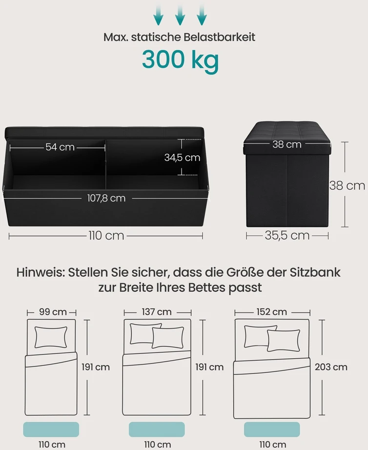 Songmics Minkštas suolas su sandėliavimo vieta 110 cm juodos spalvos