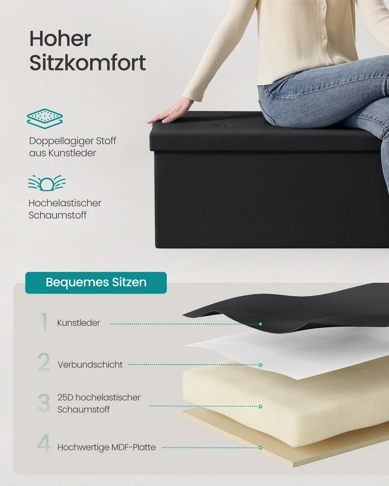 Songmics Minkštas suolas su sandėliavimo vieta 110 cm juodos spalvos
