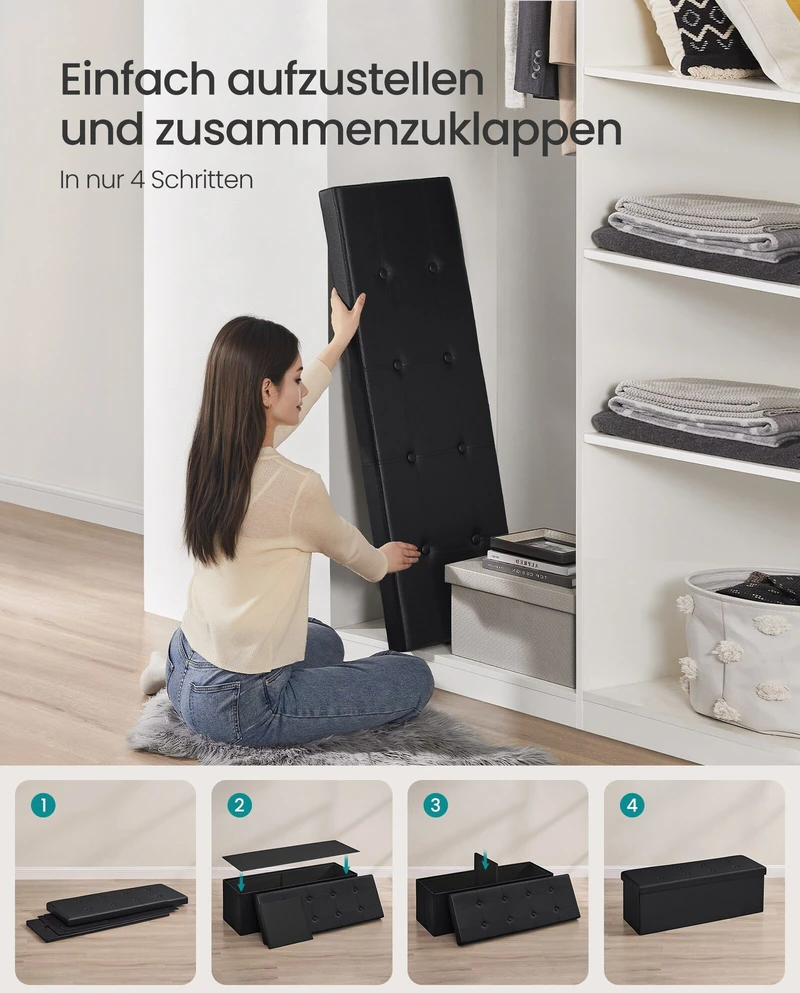 Songmics Minkštas suolas su sandėliavimo vieta 110 cm juodos spalvos