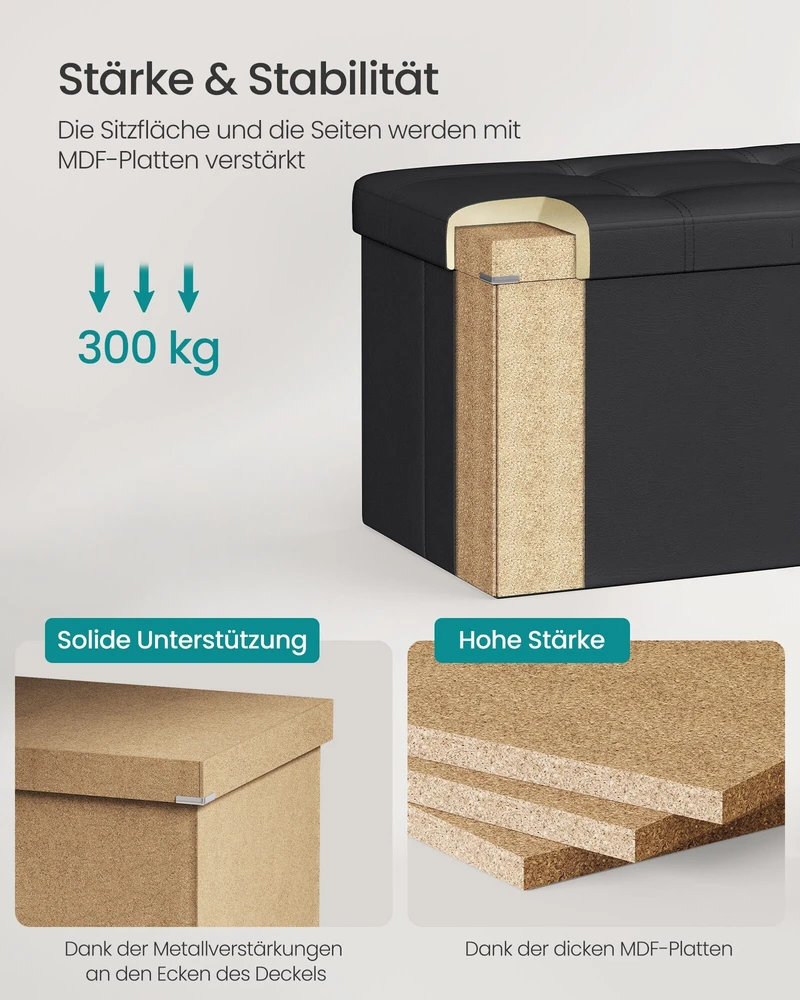 Songmics Minkštas suolas su sandėliavimo vieta 110 cm juodos spalvos