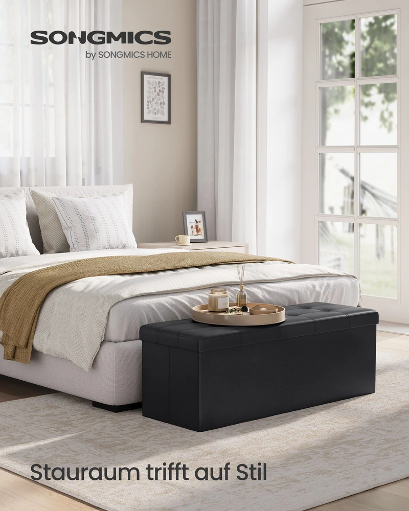 Songmics Minkštas suolas su sandėliavimo vieta 110 cm juodos spalvos
