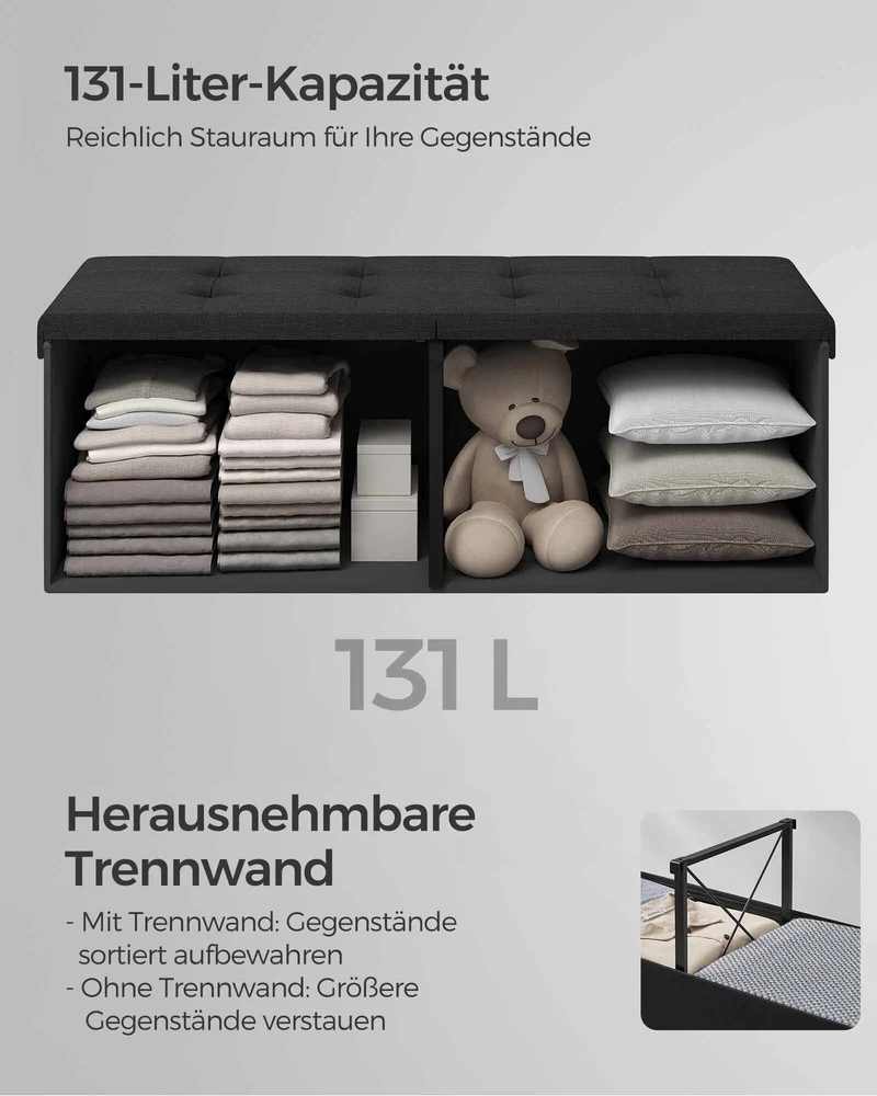 Songmics Suoliukas su daiktadėže 38 x 110 x 38 cm rašalas juodas