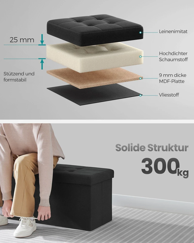 Songmics Suoliukas su daiktadėže 38 x 110 x 38 cm rašalas juodas