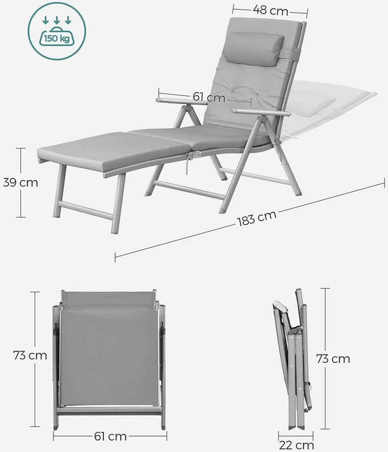 Songmics Sonnenliege mit Auflage Grau