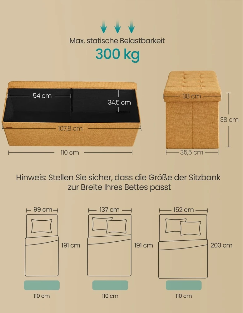 Songmics Pufas 38 x 110 x 38 cm geltonas