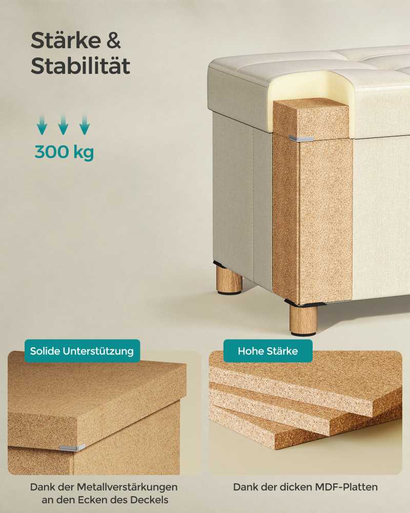 Songmics Sulankstoma taburetė su daiktadėže 38 x 110 x 40 cm, kreminė balta