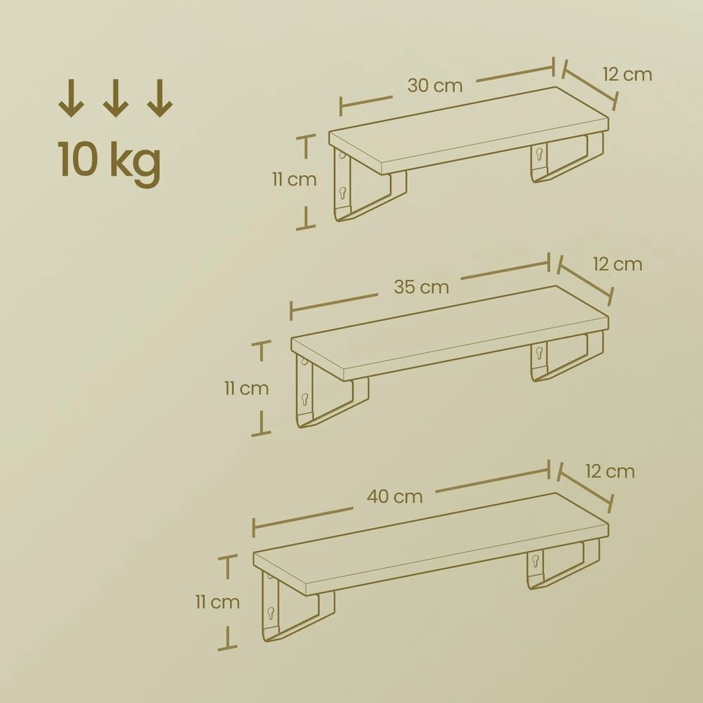 Songmics VASAGLE sieninė lentyna, plaukiojanti lentyna, 3 vnt. rinkinys