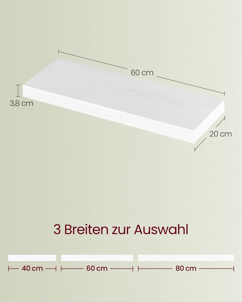 Songmics Sieninė lentyna plaukiojanti lentyna 20 x 60 x 3,8 cm sniego balta