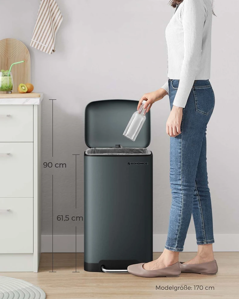 Songmics 30 litrų talpos šiukšlių dėžė dūmų pilkos spalvos