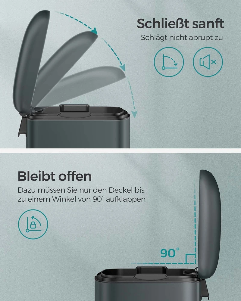 Songmics 30 litrų talpos šiukšlių dėžė dūmų pilkos spalvos