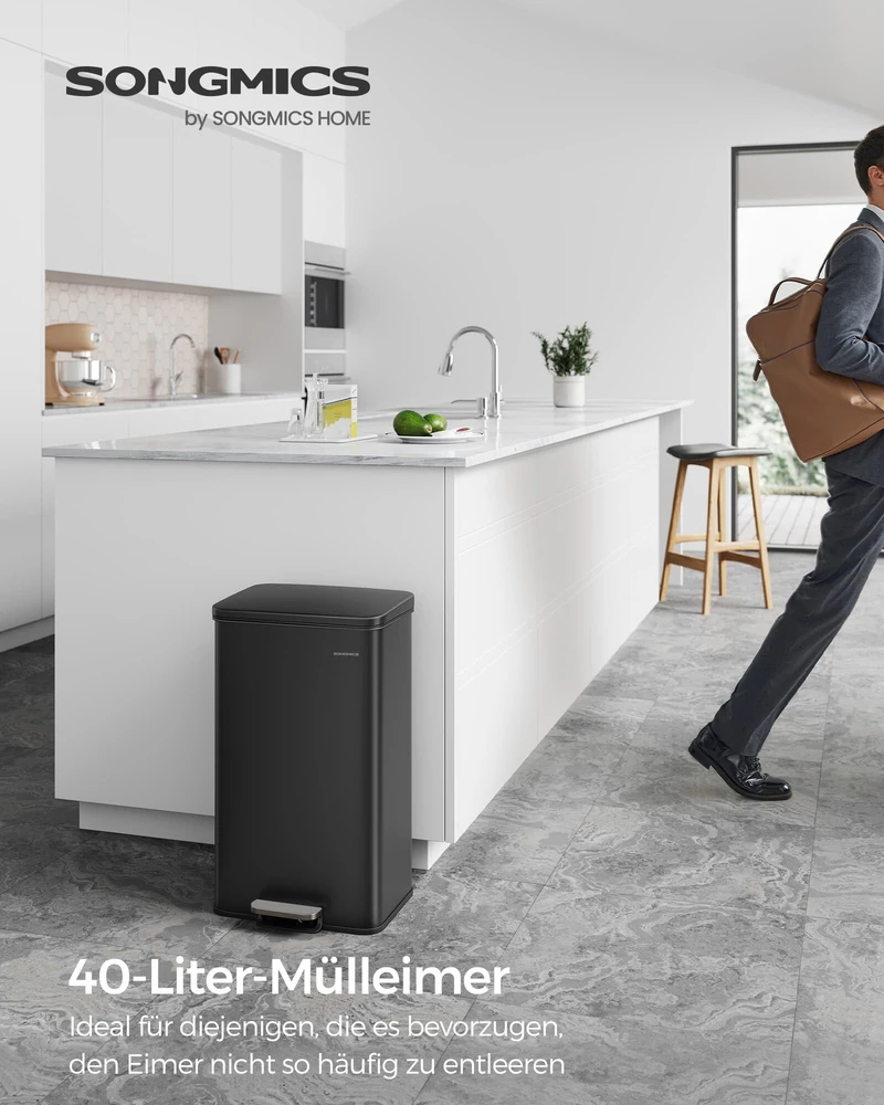 Songmics 40 litrų virtuvės atliekų dėžė su pedalais, juoda