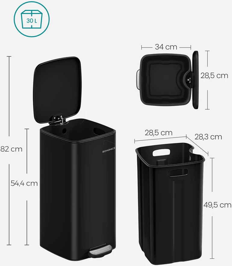 Songmics 30 litrų talpos plieninė šiukšlių dėžė rašalas juoda