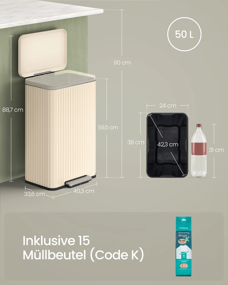 Songmics Šiukšliadėžė su pedalu 50 l