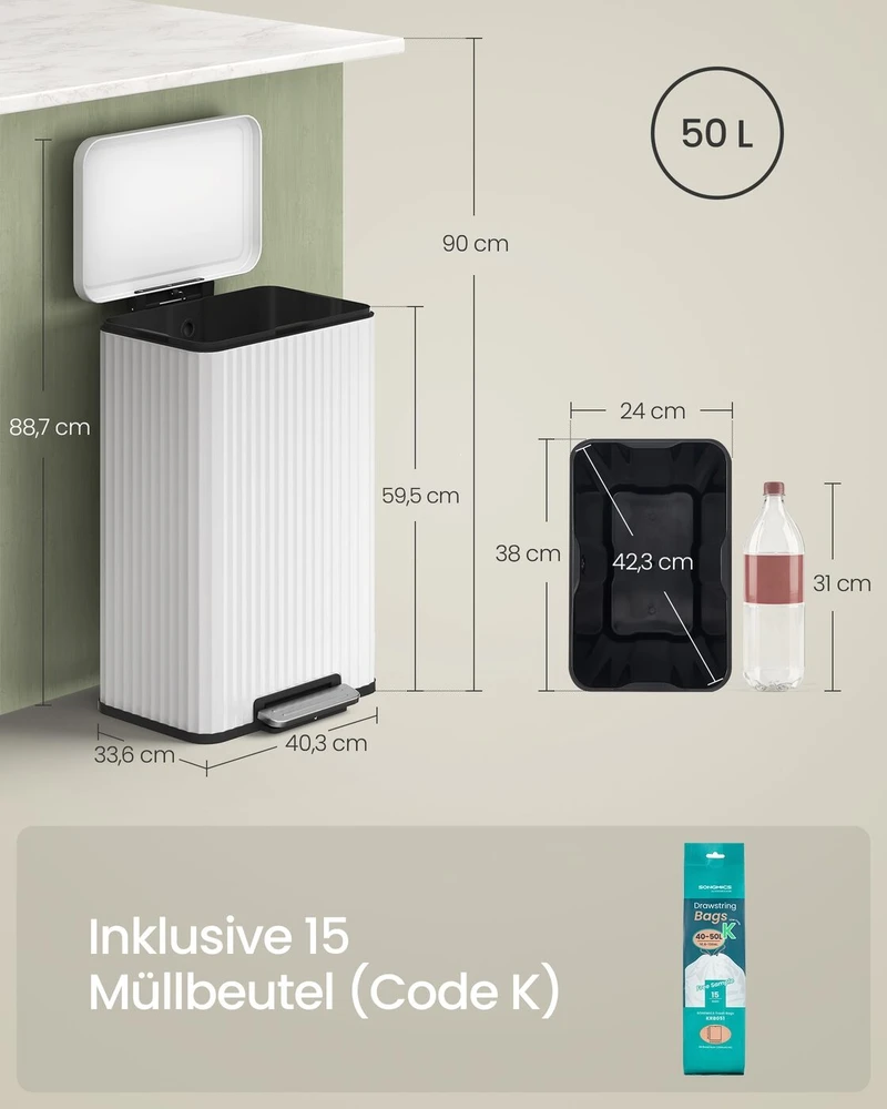 Songmics Šiukšliadėžė su pedalu 50 l baltos spalvos