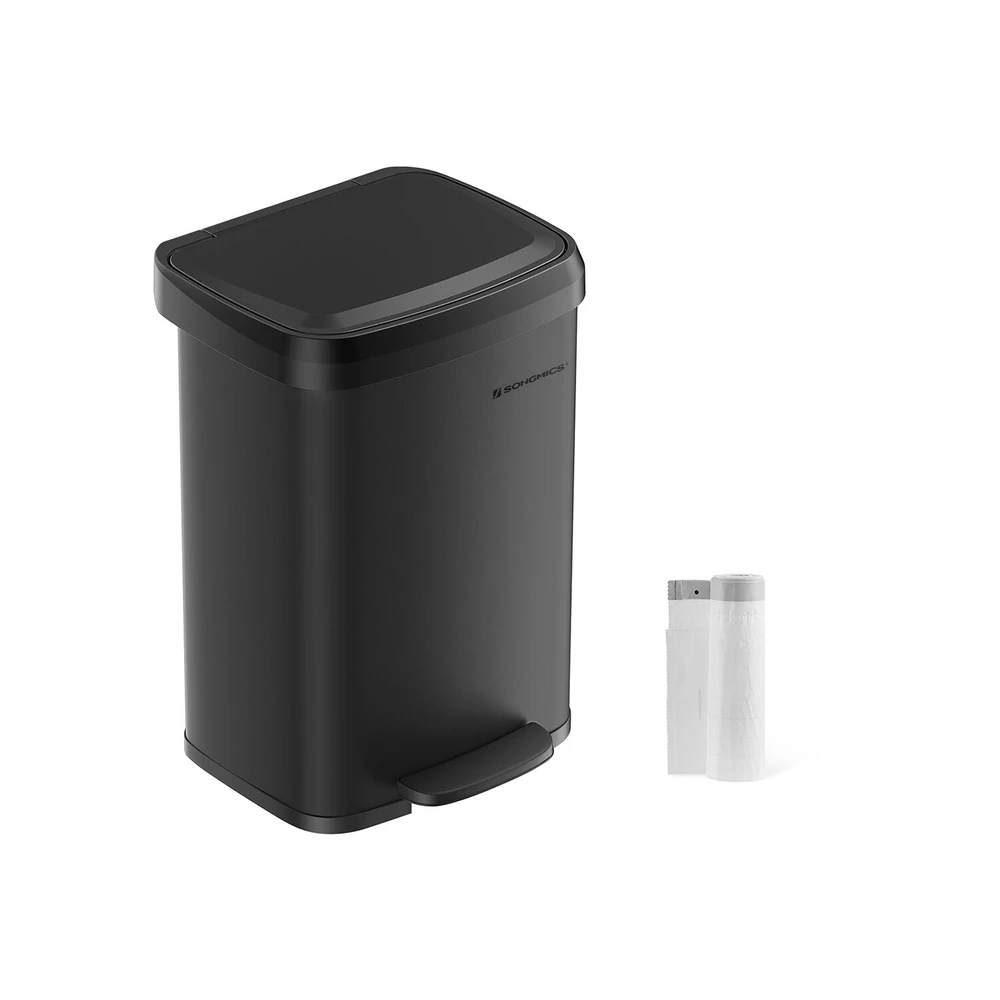 Songmics 50 litrų metalinė šiukšlių dėžė su dangčiu, juoda