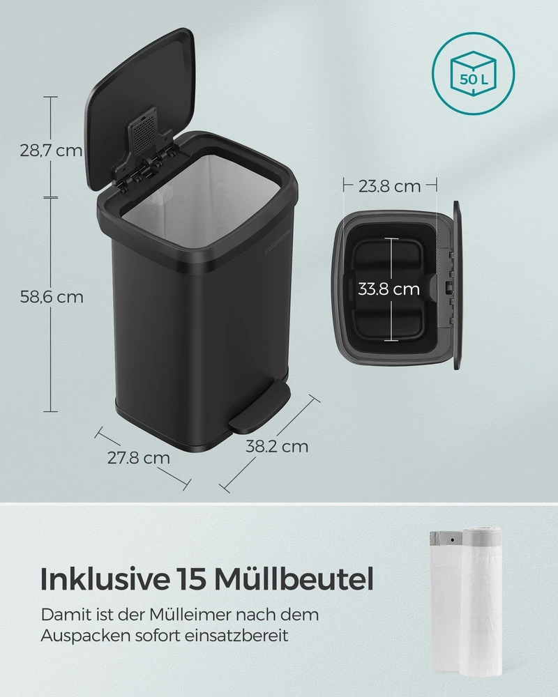 Songmics 50 litrų metalinė šiukšlių dėžė su dangčiu, juoda