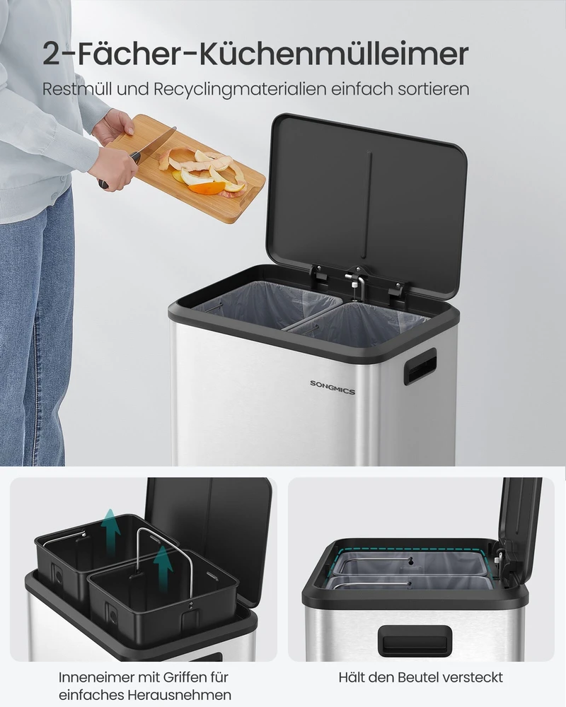 Songmics Virtuvės šiukšlių dėžė sidabrinės spalvos metalu