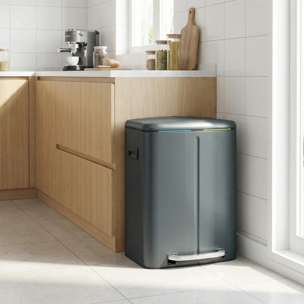 SONGMICS šiukšlių dėžė 2 x 20 l, šiukšlių rūšiavimo sistema su 2 skyrius, metalinė šiukšlių dėžė