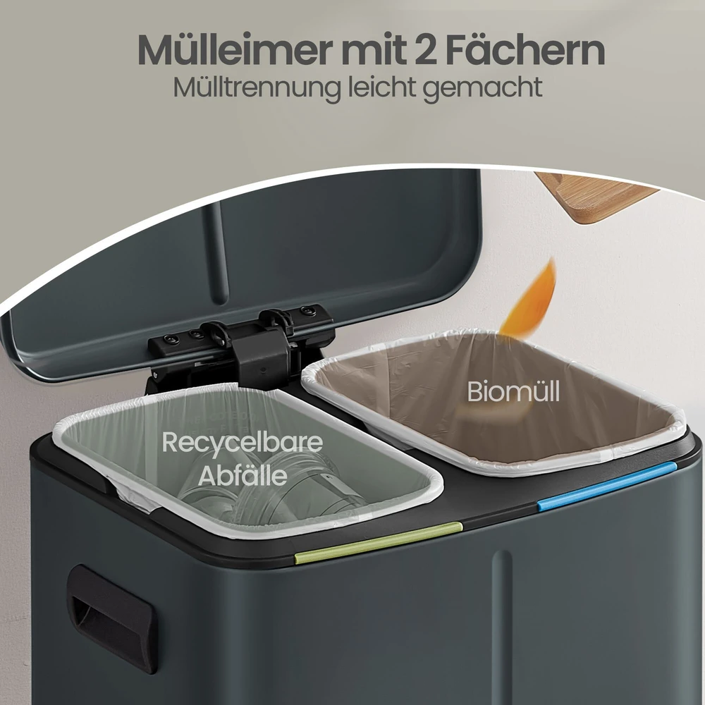 SONGMICS šiukšlių dėžė 2 x 20 l, šiukšlių rūšiavimo sistema su 2 skyrius, metalinė šiukšlių dėžė