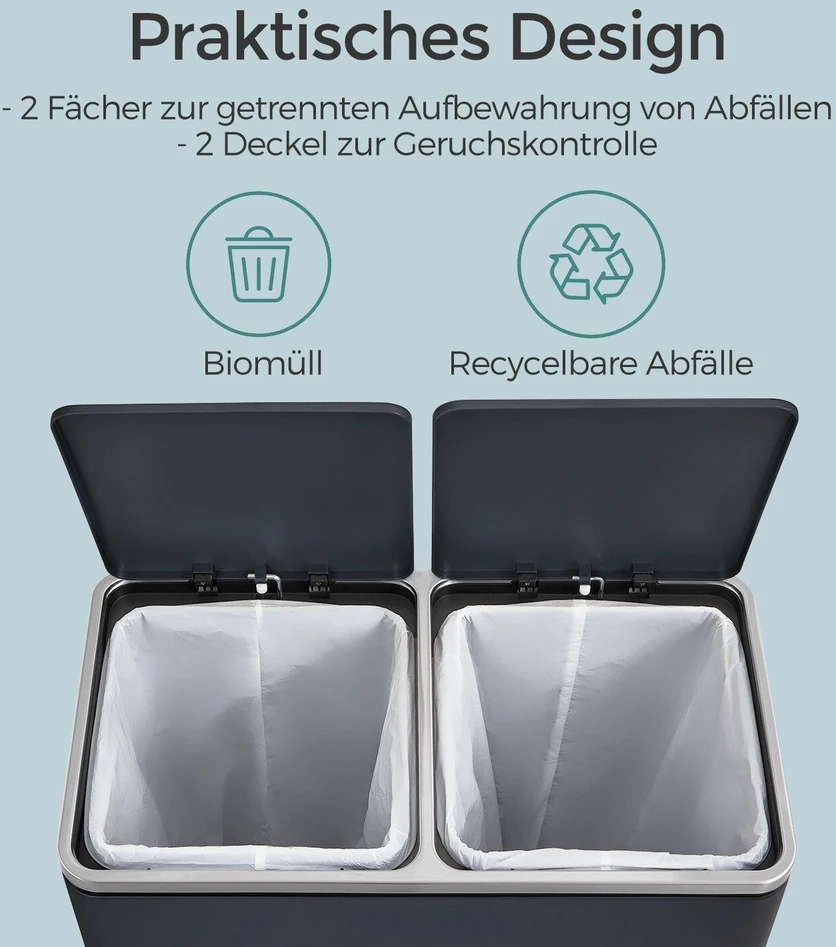 Songmics Atliekų dėžė 60 litrų (2 x 30 L) Pilka