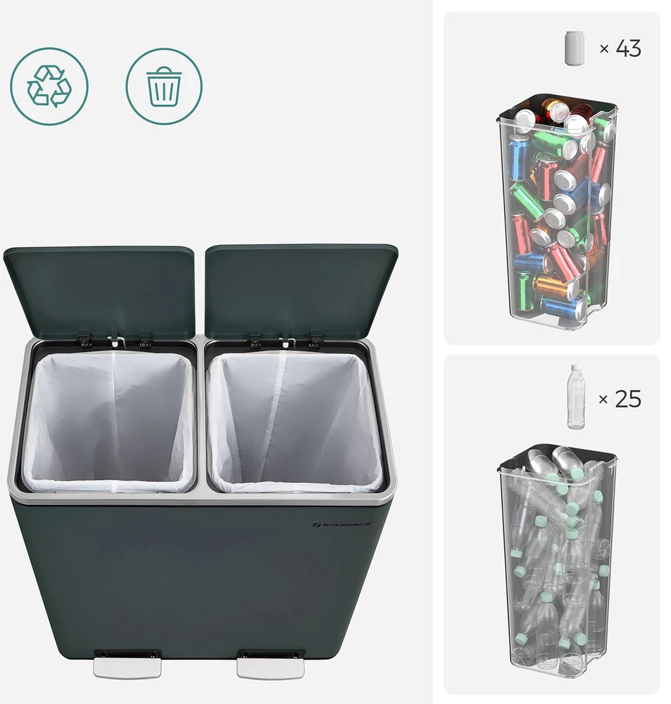 SONGMICS dviejų skyrių atliekų rūšiavimo šiukšliadėžė, 2 x 30 l, antracito spalvos, LTB60GS