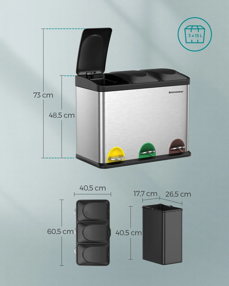Songmics Didelis 45 litrų talpos atliekų separatorius (3 x 15 l)