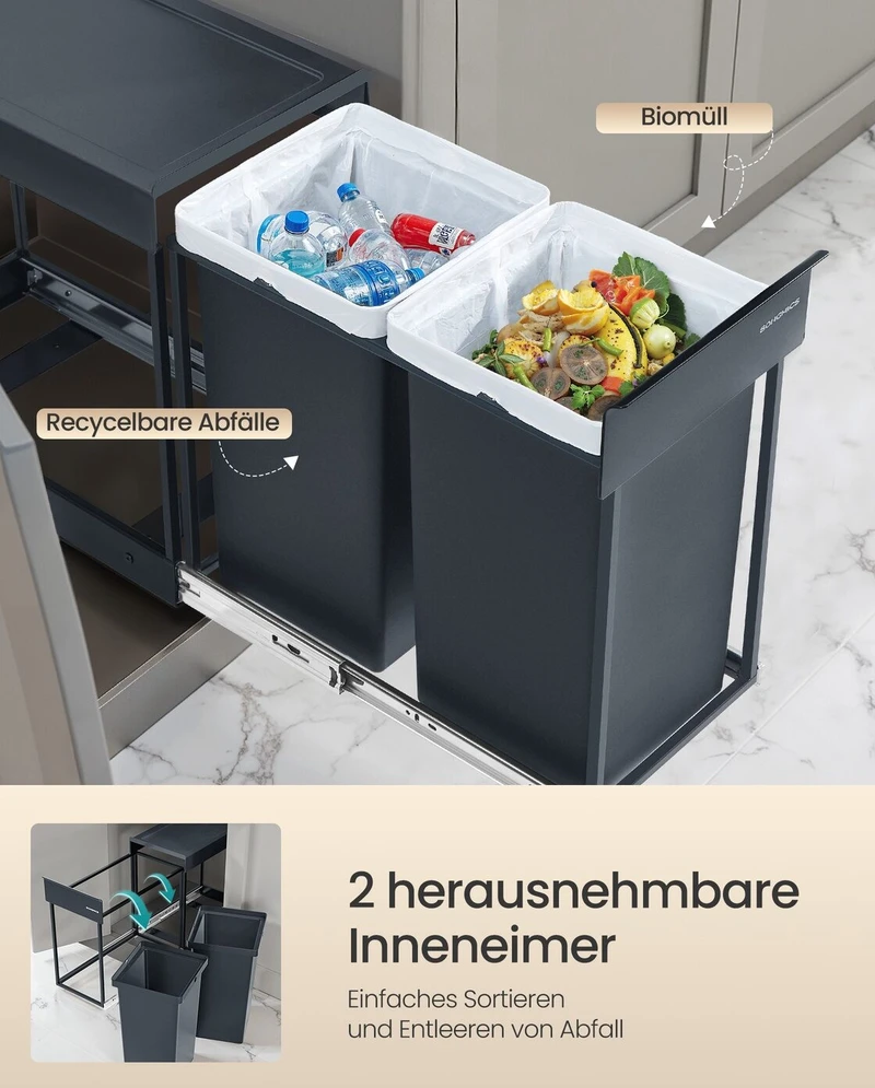 Songmics Šiukšliadėžė su dviem skyriais 48,6 × 25,4 × 44 cm pilka