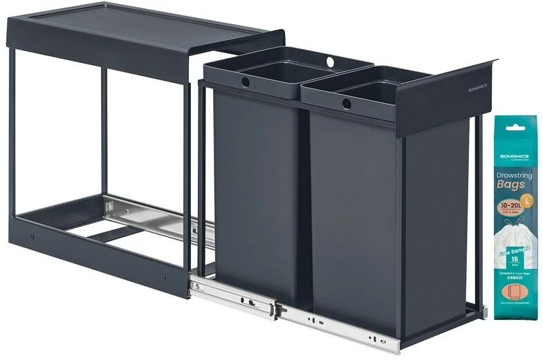 Songmics Šiukšliadėžė su dviem skyriais 48,6 × 25,4 × 44 cm pilka