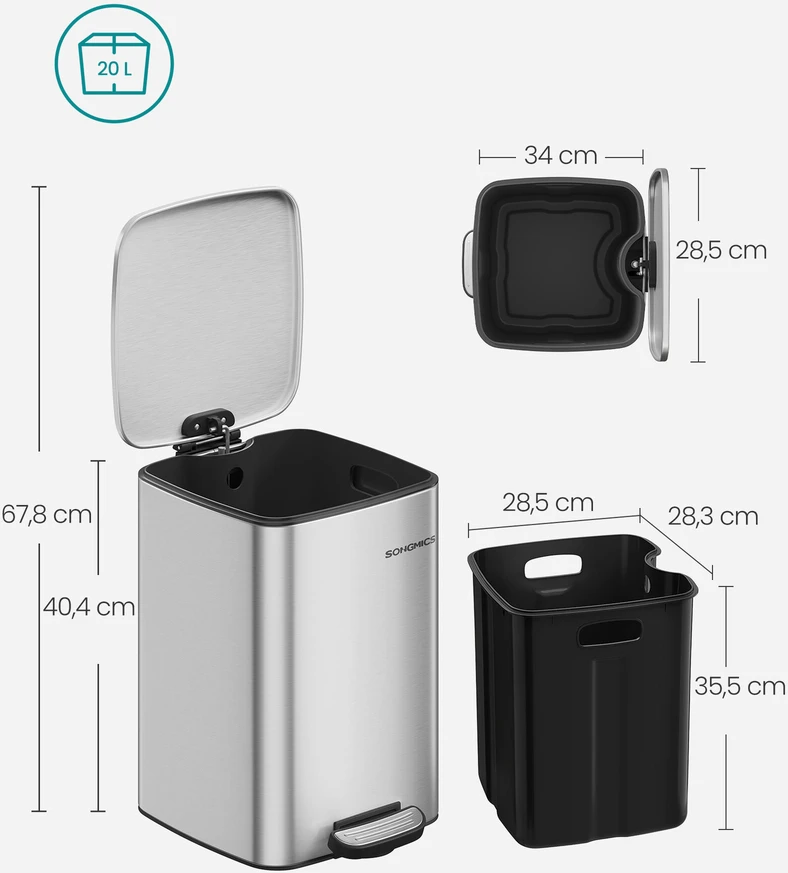 Songmics 20 litrų plieninė šiukšlių dėžė metallic sidabrinis