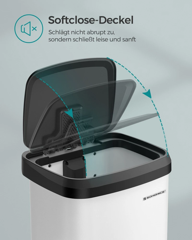 Songmics Virtuvės 50 litrų metalinė šiukšliadėžė su dangčiu balta-juoda
