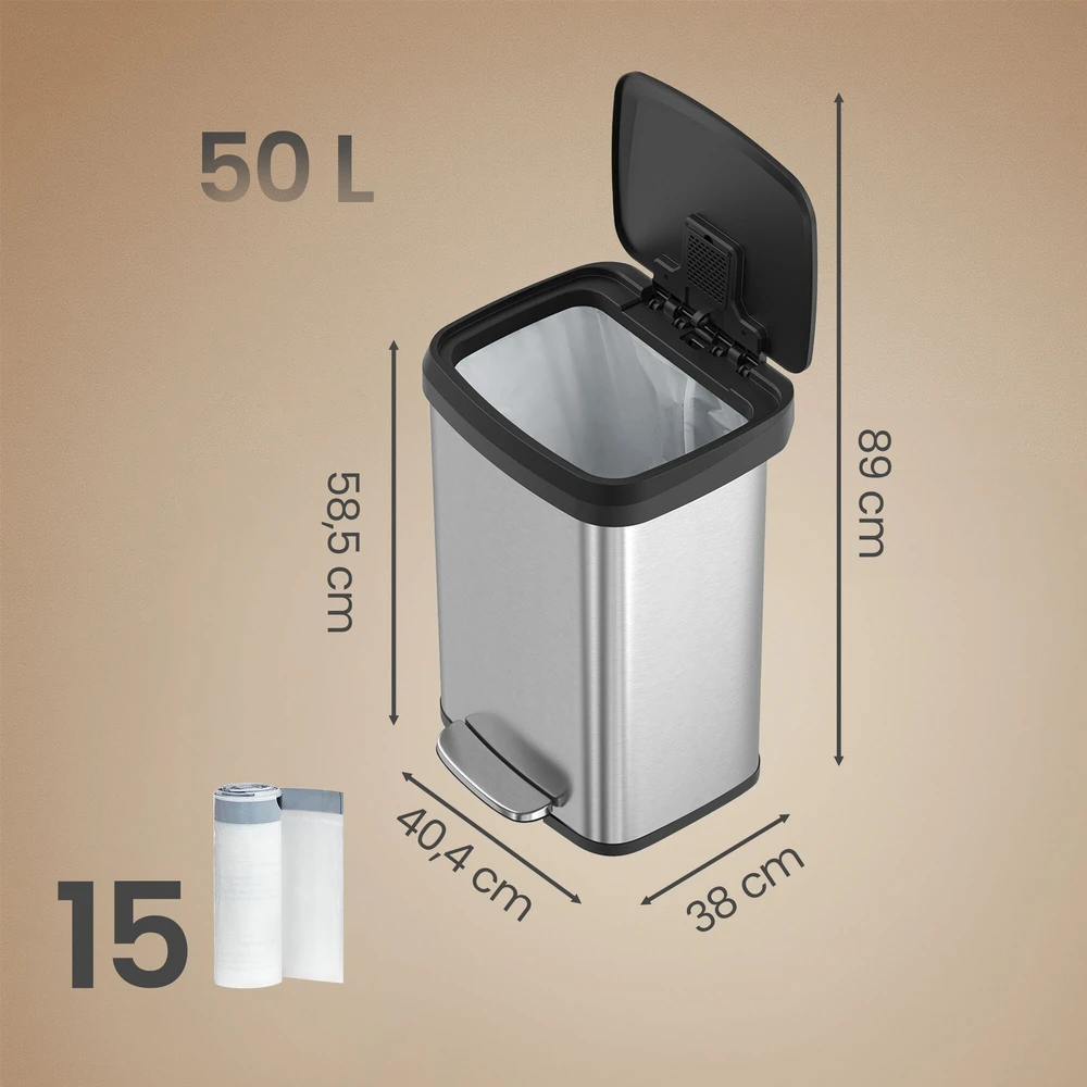 SONGMICS virtuvės šiukšliadėžė 50 litrų, metalinė, su dangčiu, sidabrinė-juoda