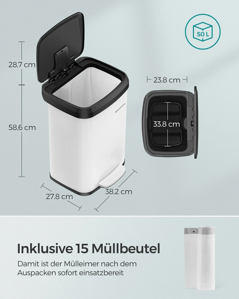 Songmics Virtuvės 50 litrų metalinė šiukšliadėžė su dangčiu balta-juoda