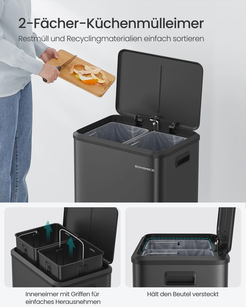 Songmics Atliekų rūšiavimo sistema 2 x 15 l rašalo juodos spalvos