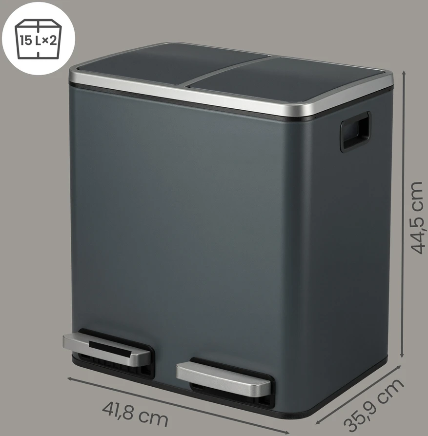 SONGMICS šiukšlių dėžė 2 x 15 litrų, šiukšlių rūšiavimo sistema su 2 skyreliais, įskaitant 15 šiukšlių maišelių