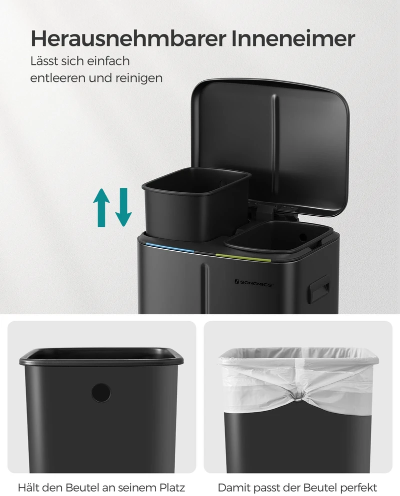 Songmics Virtuvės šiukšlių dėžė 2 x 20 l su rankenomis, juoda