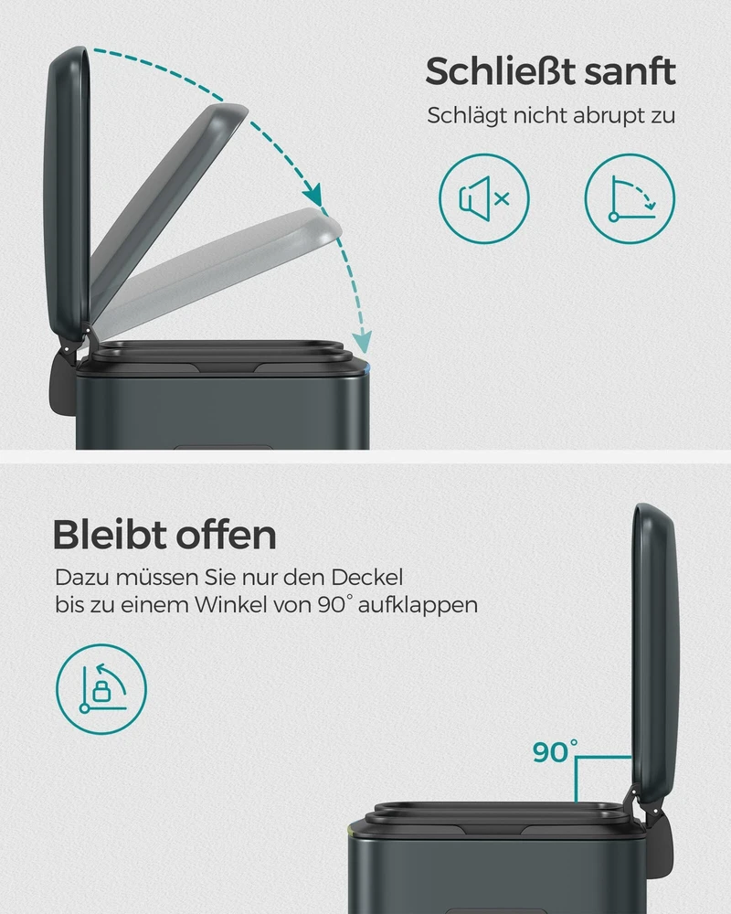 Songmics Virtuvės atliekų dėžė 2 x 20 l su švelniai uždaromu dangčiu, žaliai pilka