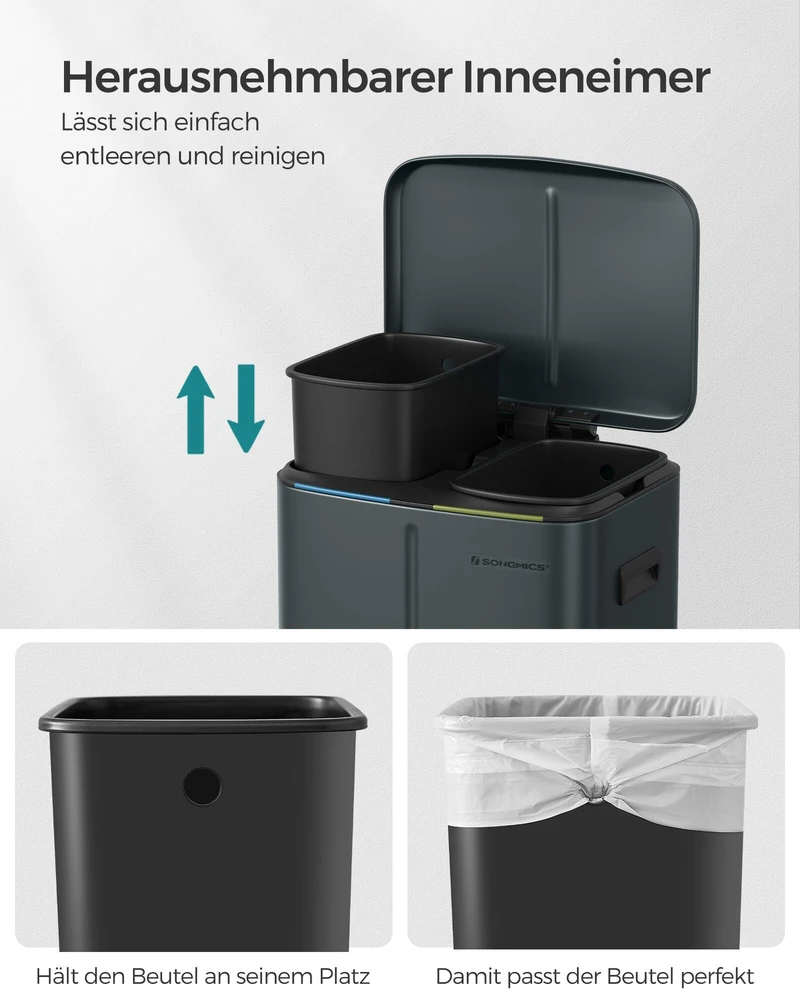 Songmics Virtuvės atliekų dėžė 2 x 20 l su švelniai uždaromu dangčiu, žaliai pilka