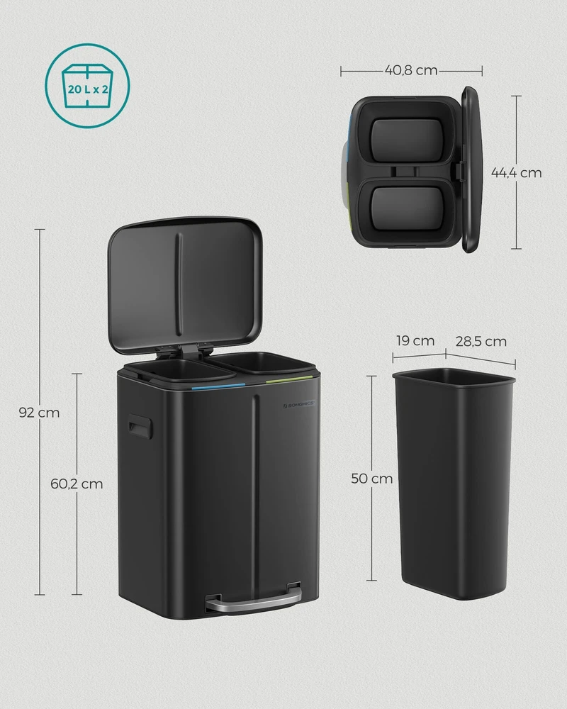 Songmics Virtuvės šiukšlių dėžė 2 x 20 l su rankenomis, juoda