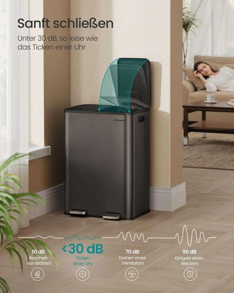 Songmics Virtuvinė šiukšliadėžė su dviem skyriais ir Softclose dangčiu, 2 x 30 l