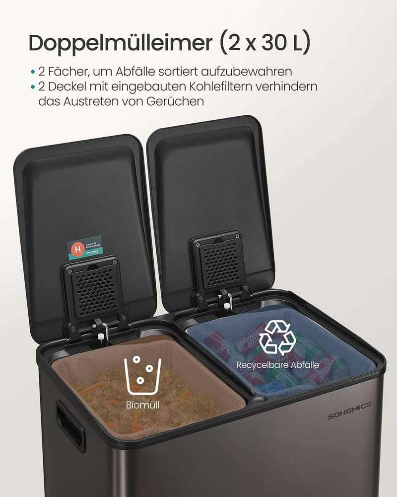 Songmics Virtuvinė šiukšliadėžė su dviem skyriais ir Softclose dangčiu, 2 x 30 l