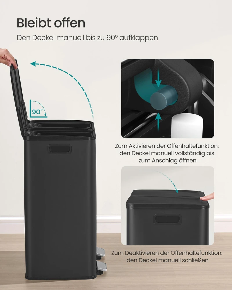 Songmics Virtuvinė šiukšlių dėžė su dviem skyreliais ir švelniai užsidarančiu dangčiu