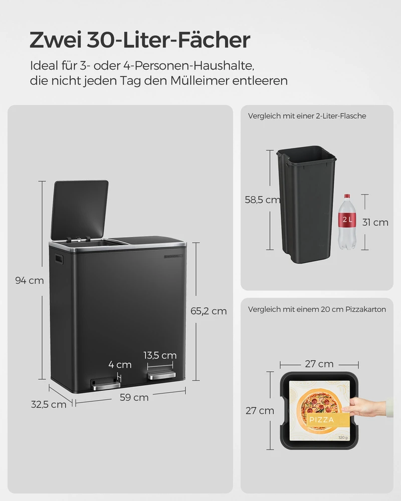 Songmics Šiukšlių dėžė 60 litrų (2 x 30 L) Juoda