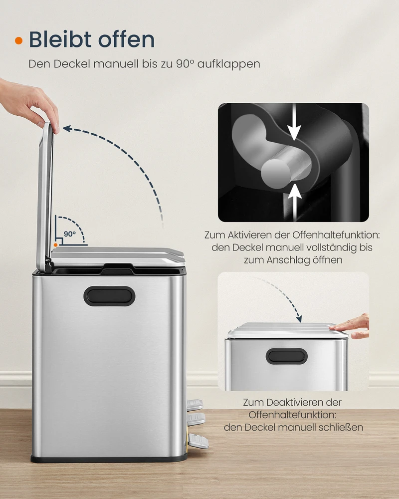 Songmics Virtuvės šiukšlių dėžė 3 x 15 L skyriai, sidabrinės spalvos, metalo spalvos