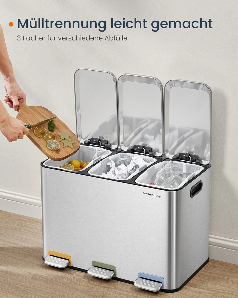 Songmics Virtuvės šiukšlių dėžė 3 x 15 L skyriai, sidabrinės spalvos, metalo spalvos