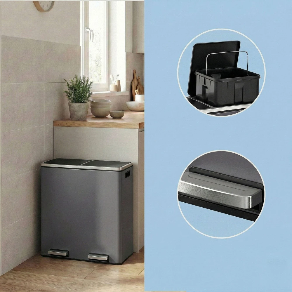 Songmics Šiukšliadėžė 2 x 30 l pilka