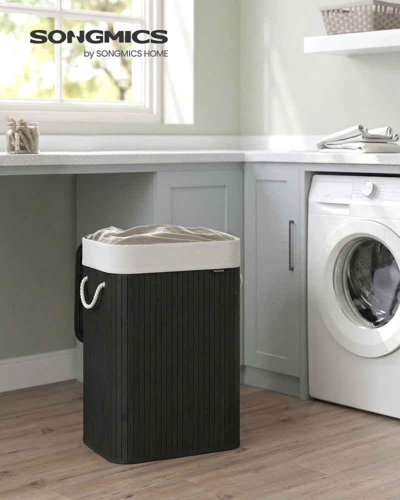 Songmics Bambuko skalbinių dėžė 72 L juoda