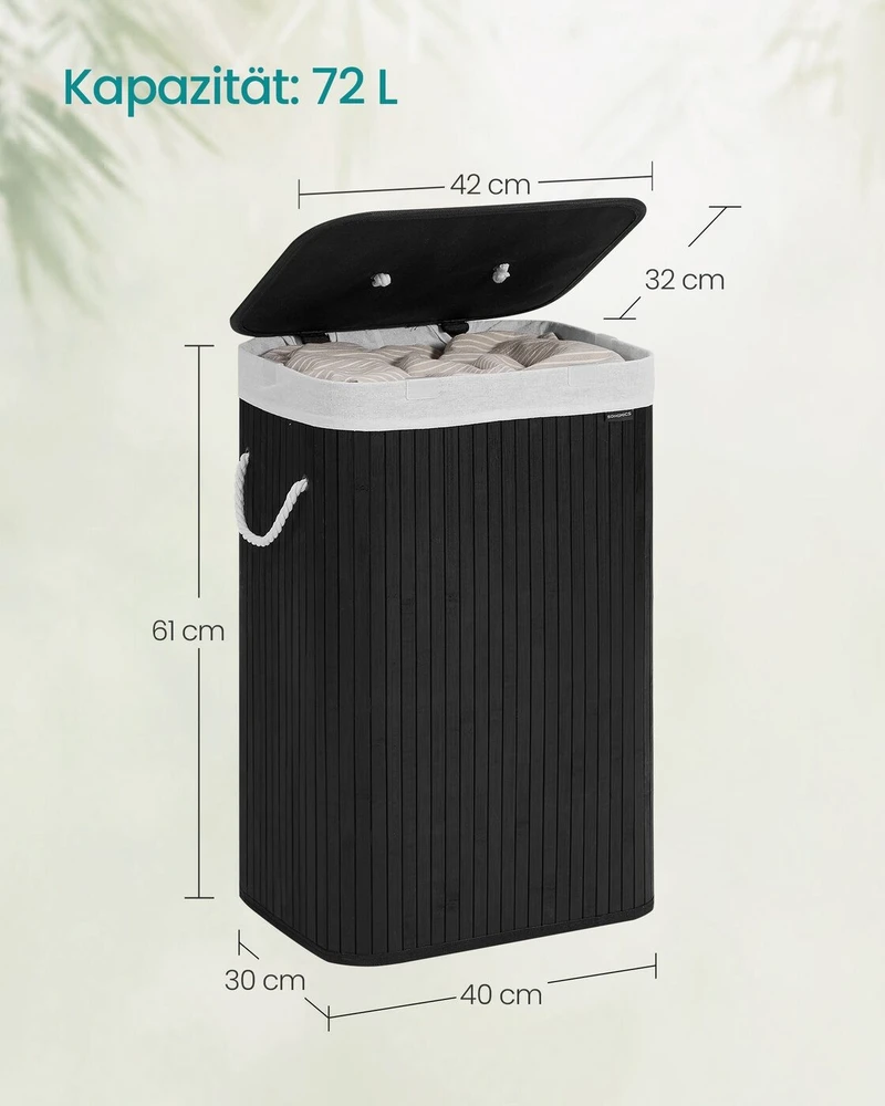 Songmics Bambuko skalbinių dėžė 72 L juoda